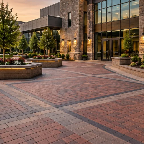Illustration of a commercial office building with paved plaza and stone planter walls