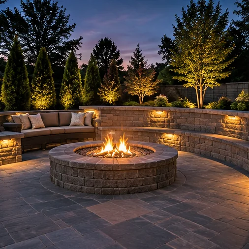 Illustration of a round stone fire feature with curved seating walls