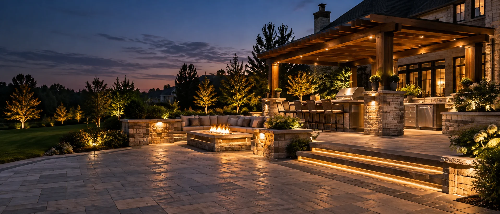 Illustrative full outdoor-living concept with stone patio, lighting, outdoor kitchen and fire feature