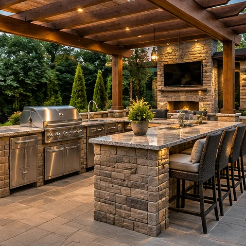 Illustration of a custom stone outdoor kitchen under a pergola