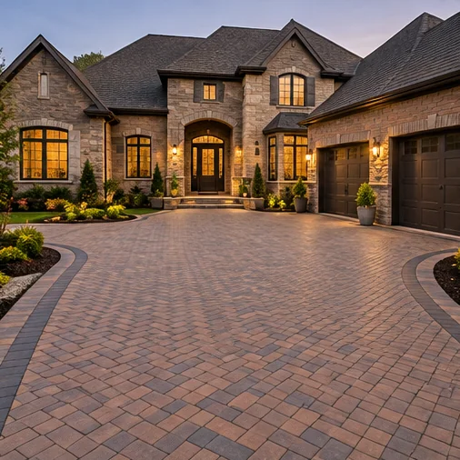 Illustration of a luxury brick paver driveway in front of a stone home