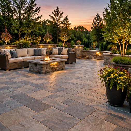 Illustration of a large stone paver patio and outdoor seating