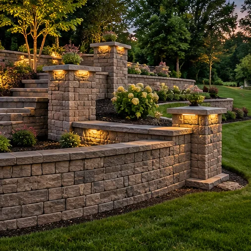 Illustration of terraced stone retaining walls, illuminated pillars and steps